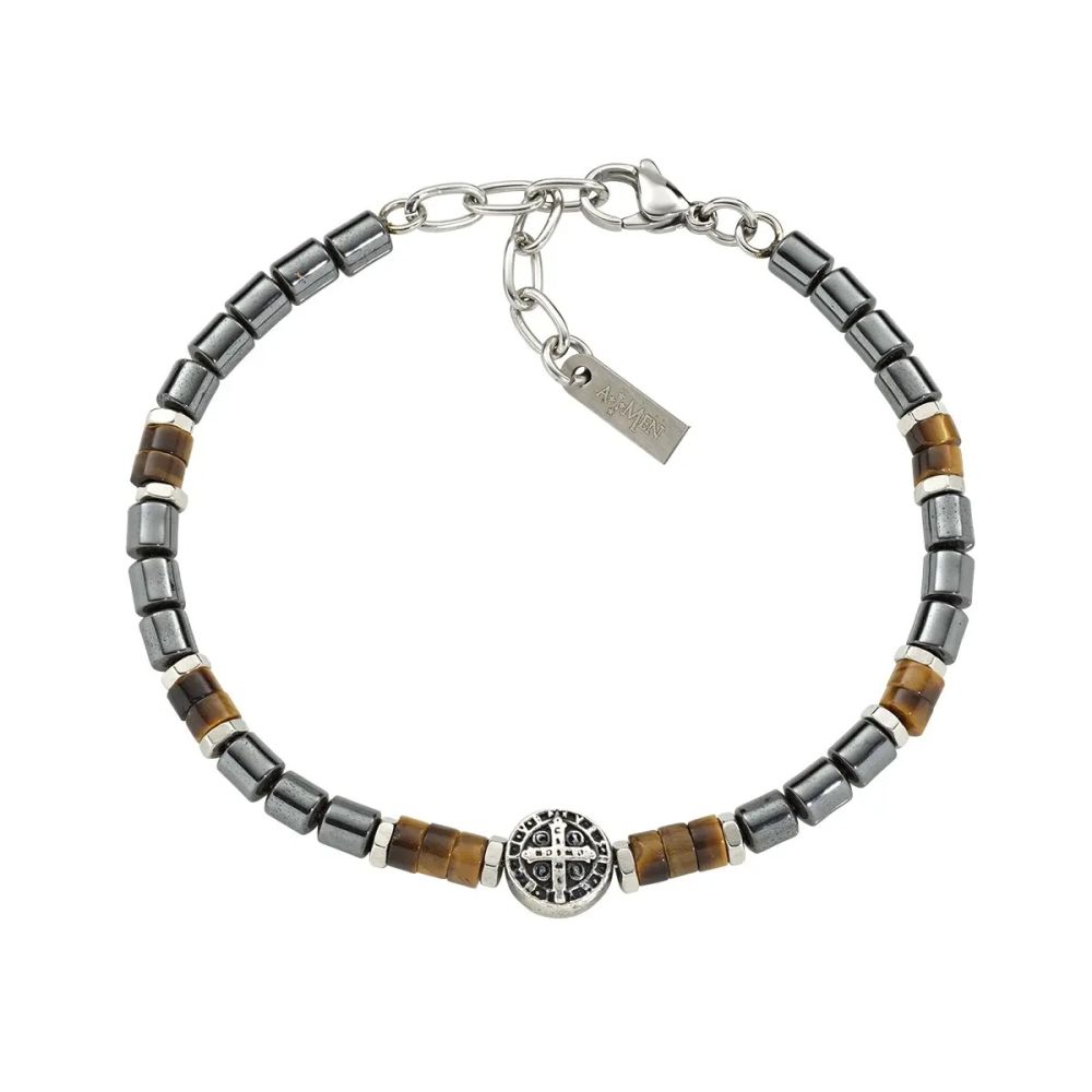 Amen Bracciale Acciaio Ematite e Occhio Di Tigre