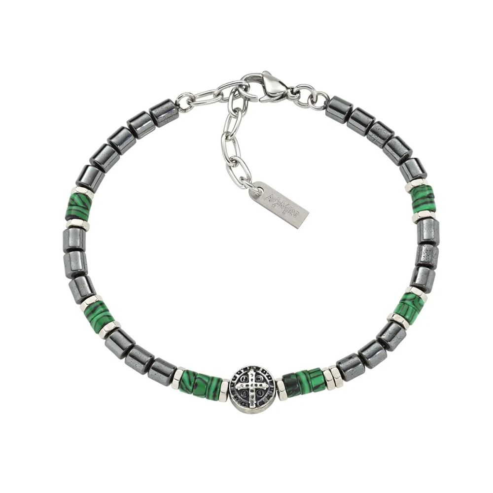 Amen Bracciale Acciaio Ematite e Malachite