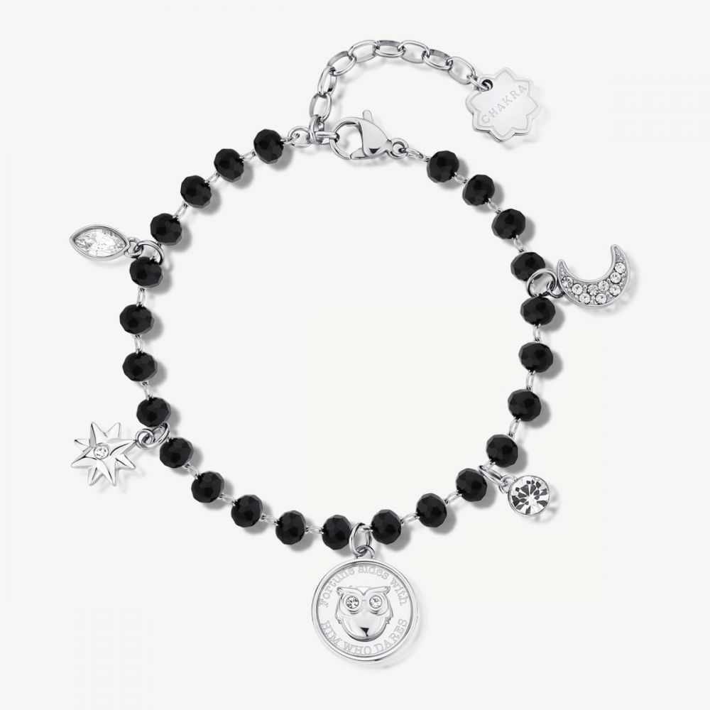 Brosway Bracciale Donna Acciaio e Calcedonio Nero Gufo e Cristalli Chakra