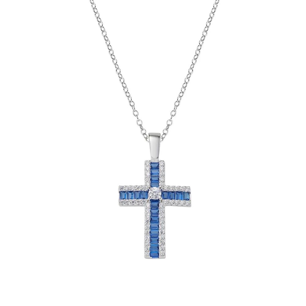 Amen Collana Argento Croce Cristalli Blu e Bianchi