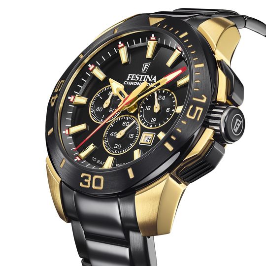 Festina Orologio Acciaio Nero-Gold Cronografo Quadrante Nero