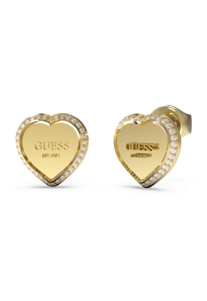 Guess Orecchini Lobo Acciaio Gold Cuore e Zirconi