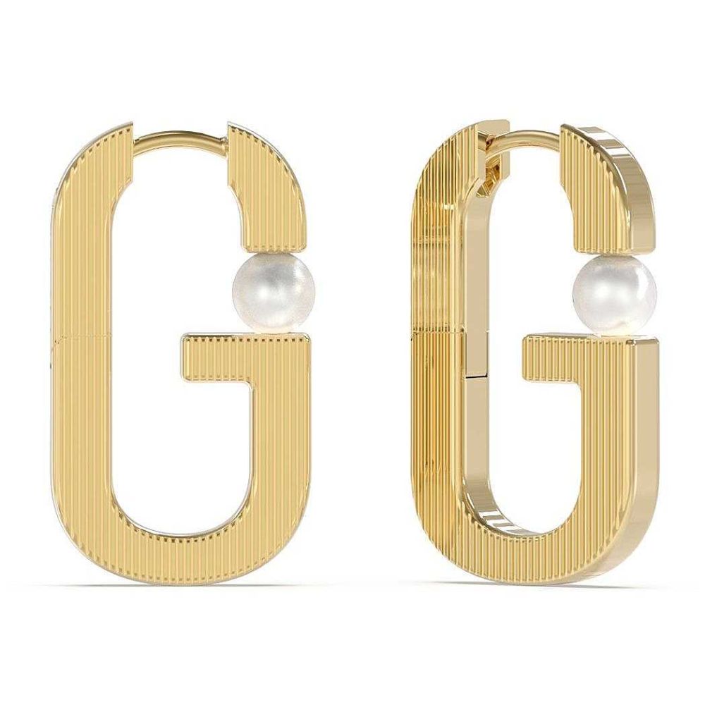 Guess Orecchini Acciaio Gold RIgato e Perla Bianca